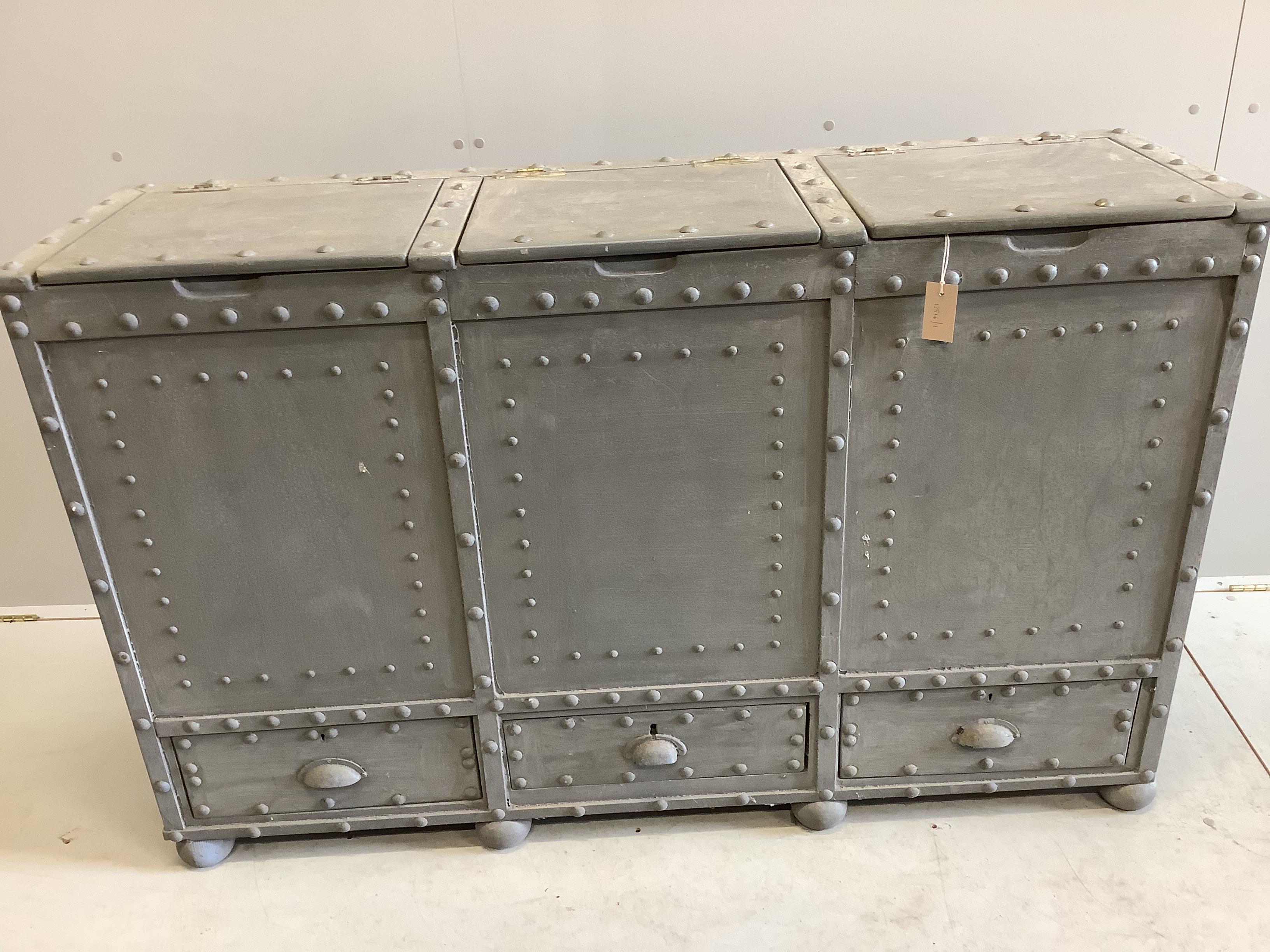 A painted faux iron studded triple hinged top trunk, width 144cm, depth 41cm, height 92cm